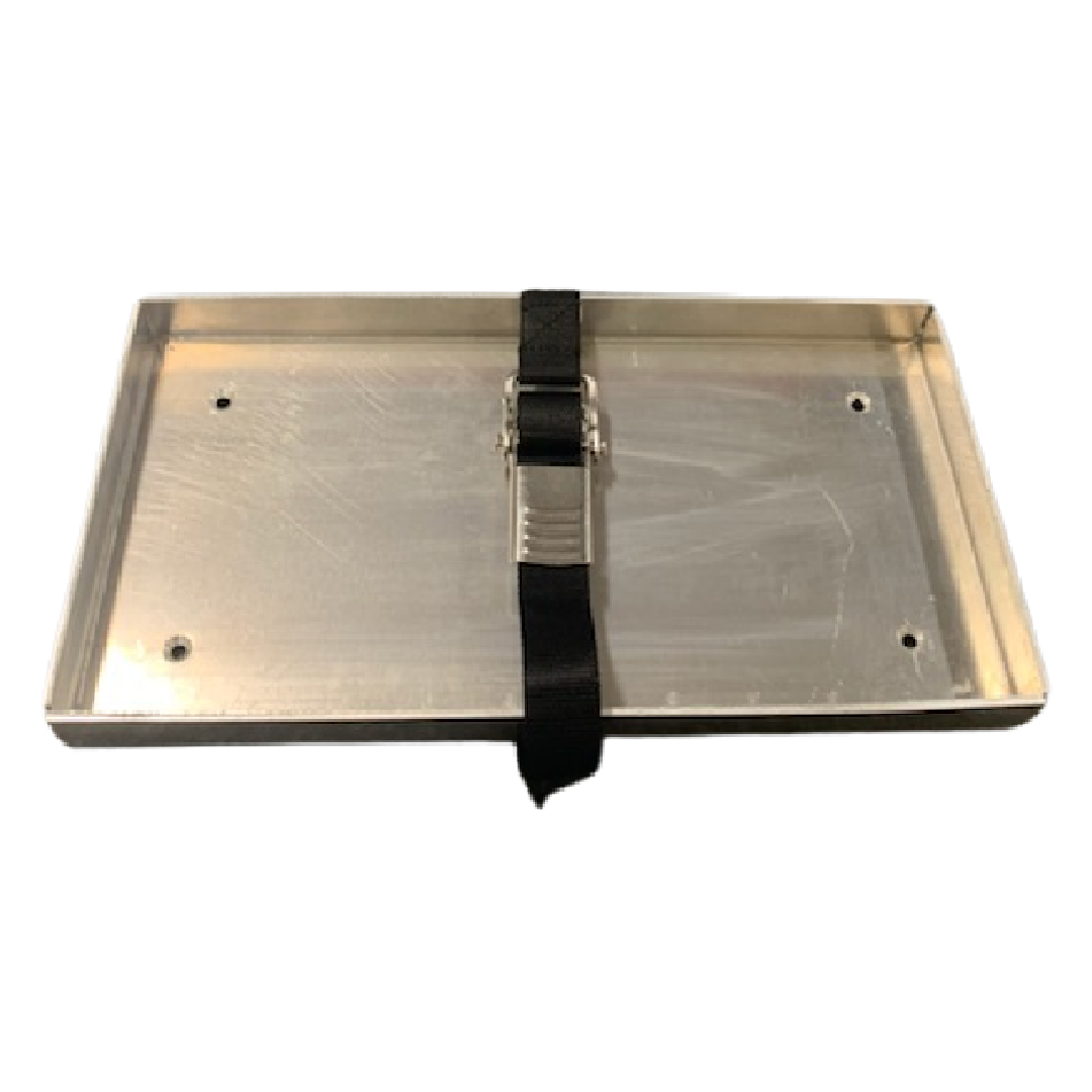 Custom aluminum battery tray with included strap