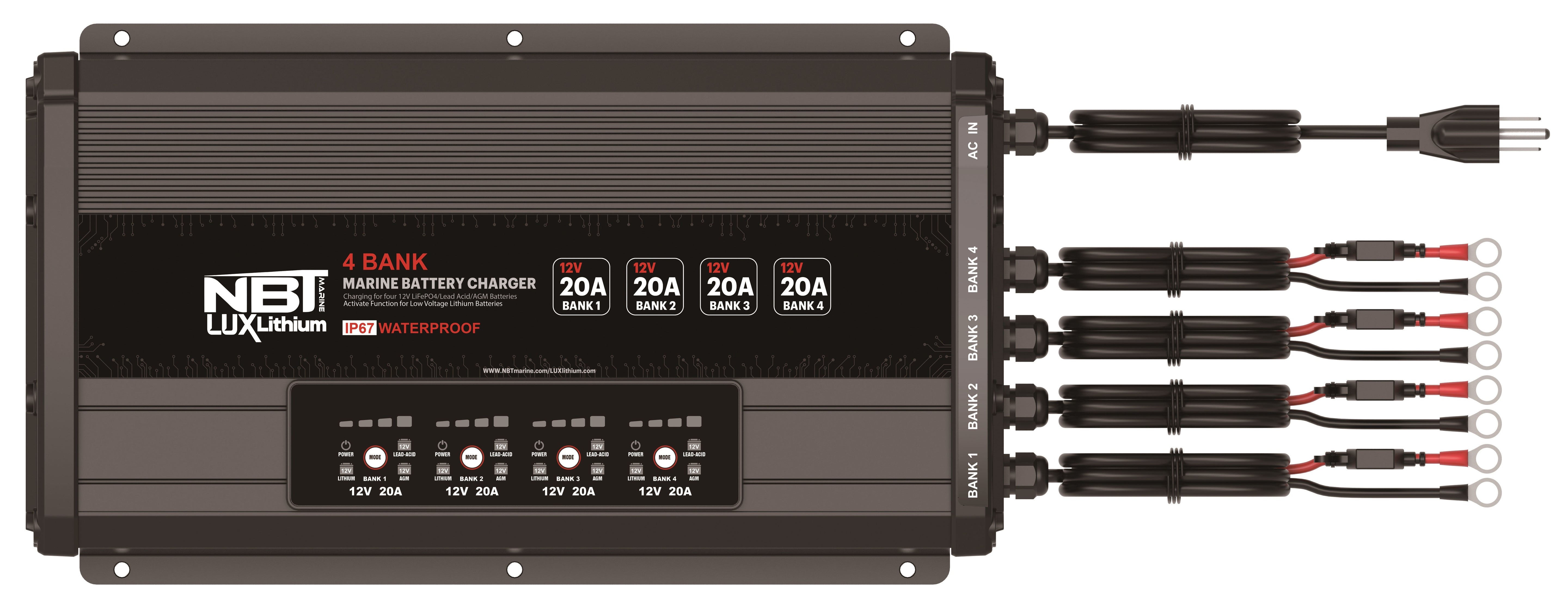 NBT Marine Lux Charger 12v 4 Bank 20A AC-DC Onboard Charger
