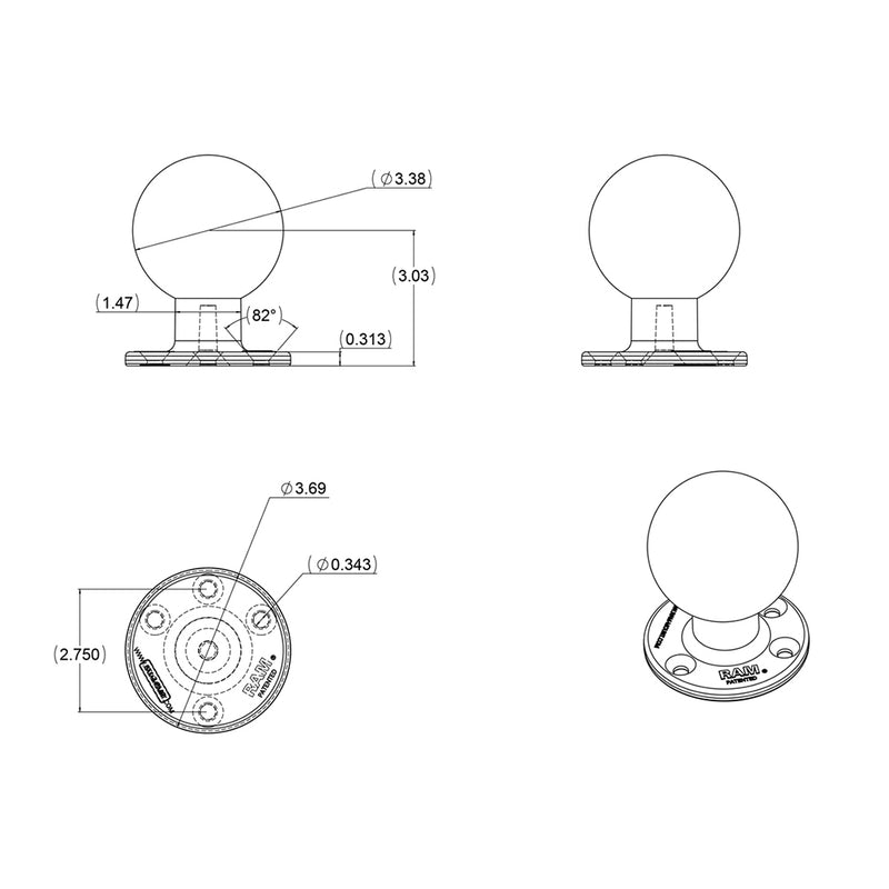 RAM Mount 3.68" Round Base w/3-3/8" E Size Ball [RAM-E-202U] - Mealey Marine