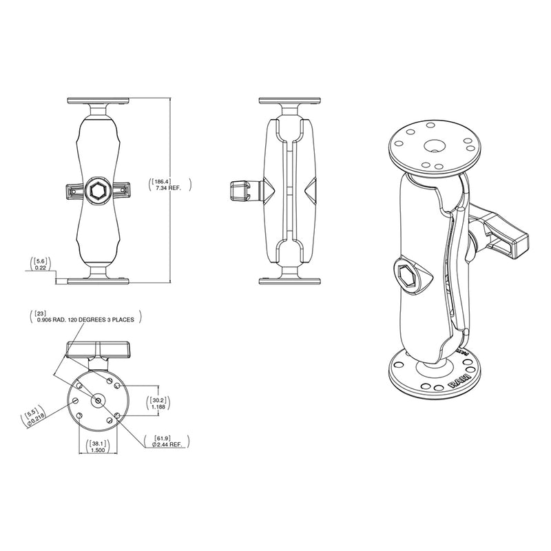 RAM Mount 1.5" Ball Double Socket Arm w/2 2.5" Round Bases - AMPs Pattern [RAM-101U] - Mealey Marine