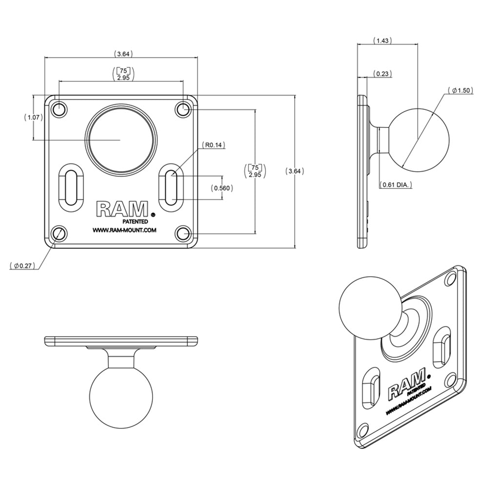 RAM Mount 75mm x 75mm VESA 3.625" Plate w/1.5" Diameter Ball [RAM-2461U] - Mealey Marine