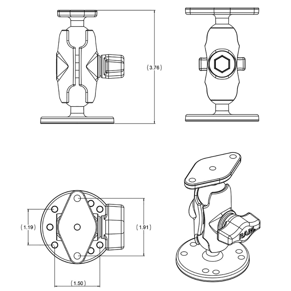 RAM Mount Flat Surface Mount Short Arm w/Diamond Base [RAM-B-138U-A] - Mealey Marine