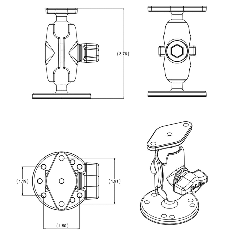 RAM Mount Flat Surface Mount Short Arm w/Diamond Base [RAM-B-138U-A] - Mealey Marine