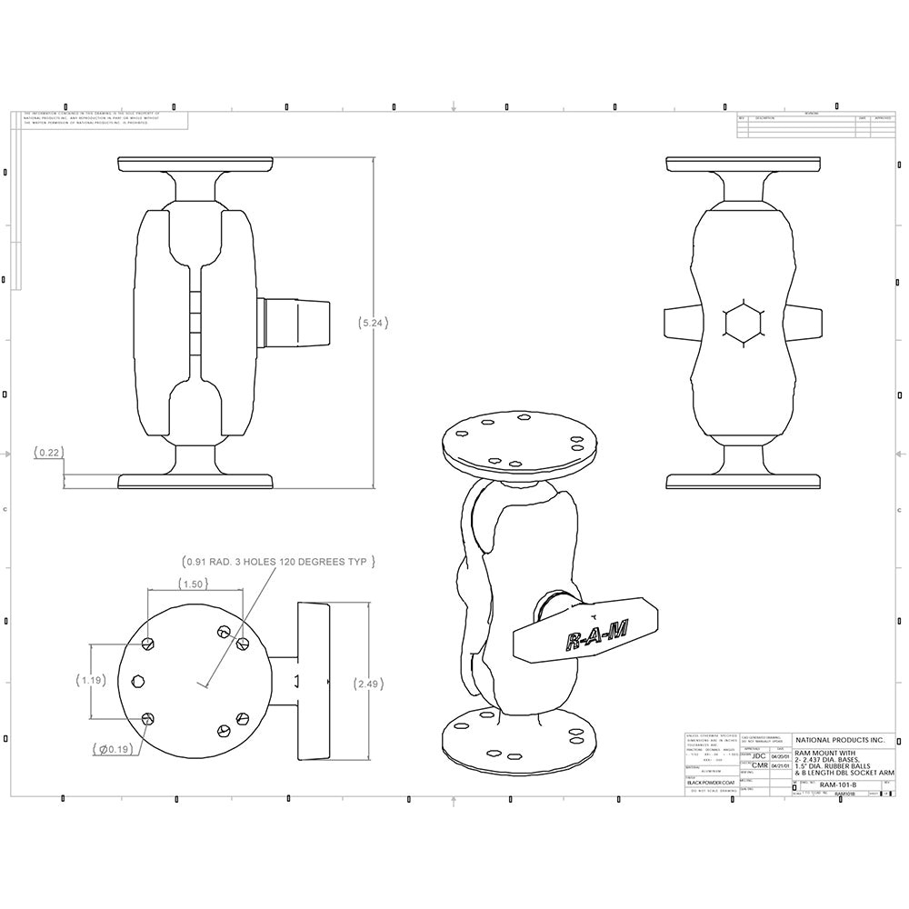RAM Mount 1.5" Ball Mount w/Short Double Socket Arm & 2/2.5" Round Bases [RAM-101U-B] - Mealey Marine