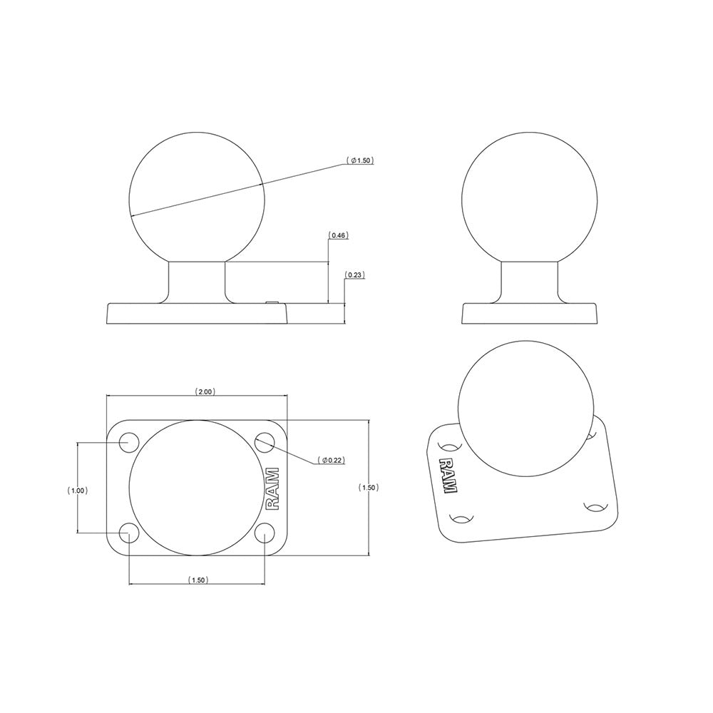 RAM Mount 1.5" x 2" Rectangle Base w/1.5" Ball [RAM-202U-152] - Mealey Marine