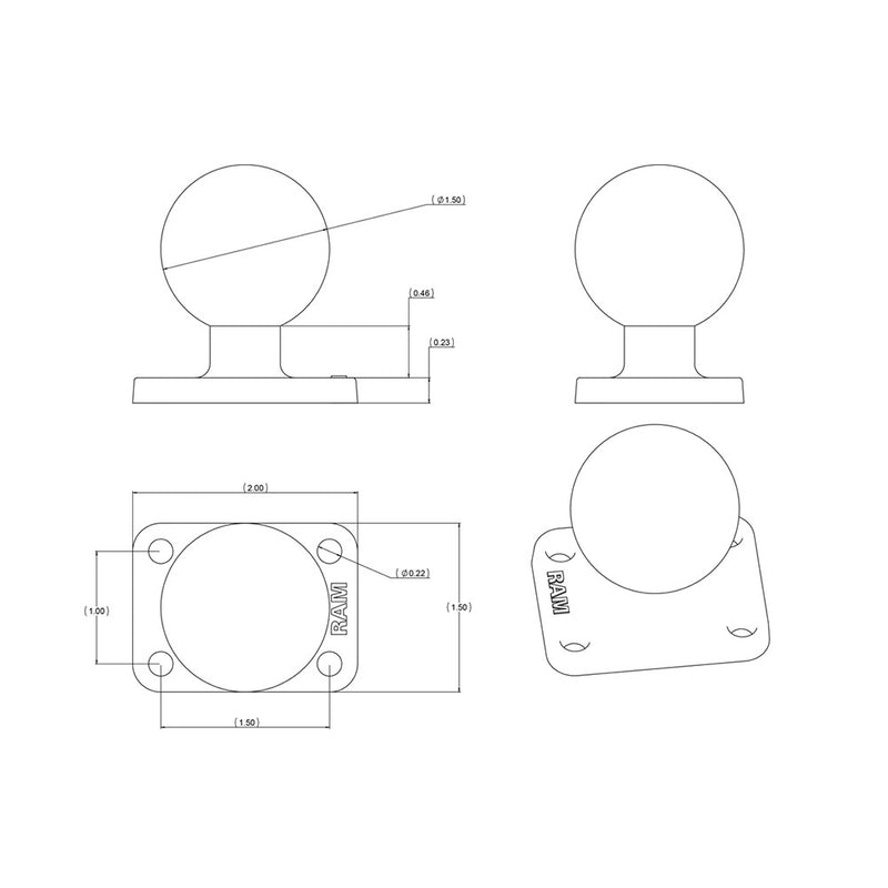 RAM Mount 1.5" x 2" Rectangle Base w/1.5" Ball [RAM-202U-152] - Mealey Marine