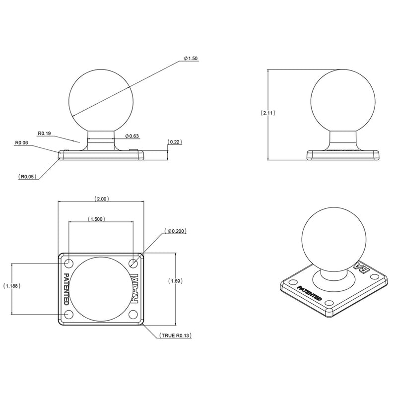 RAM Mount 2" x 1.7" Base w/AMPs Hole Pattern & 1.5" Ball [RAM-347U] - Mealey Marine