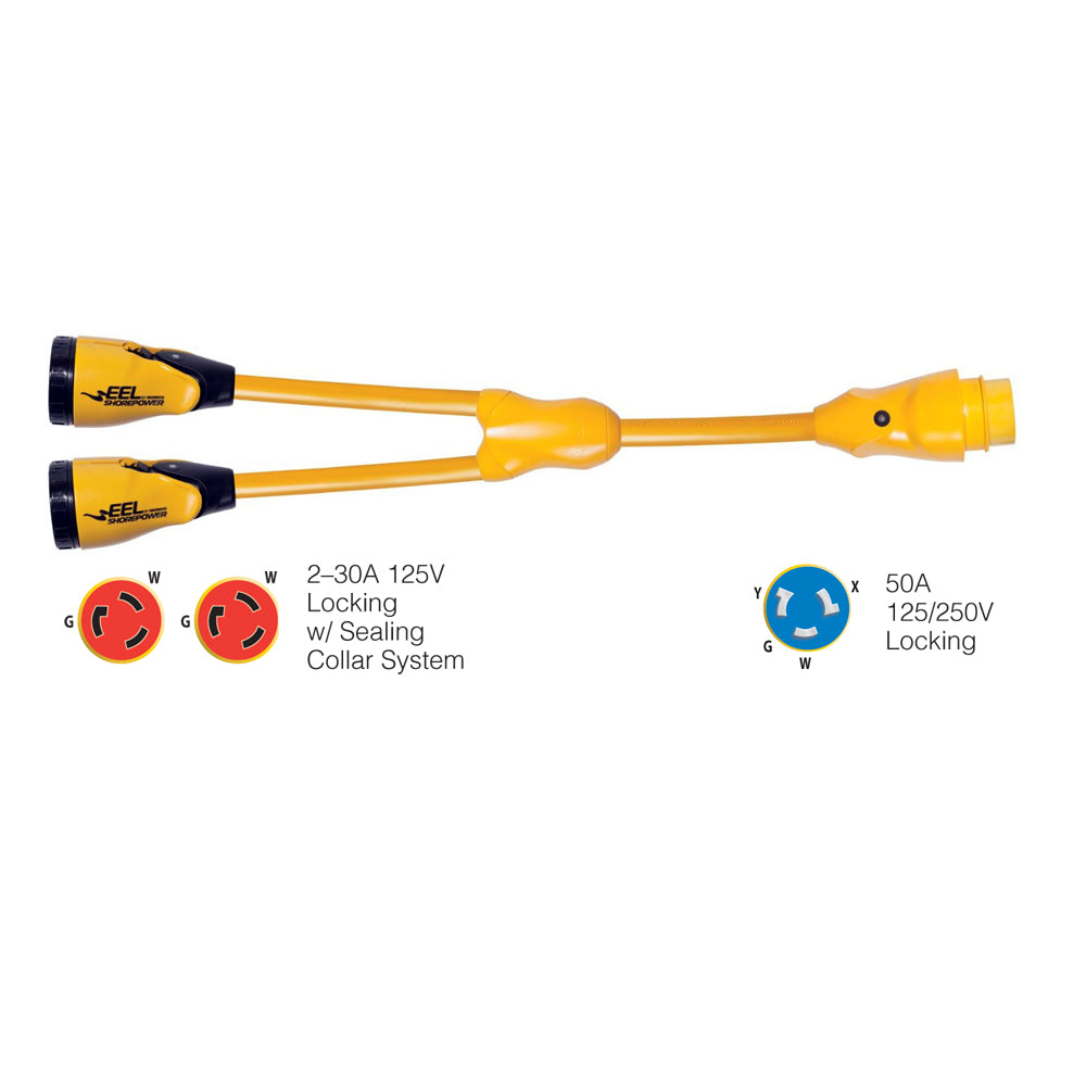 Marinco Y504-2-30 EEL (2)-30A-125V Female to (1)50A-125/250V Male "Y" Adapter - Yellow [Y504-2-30] - Mealey Marine