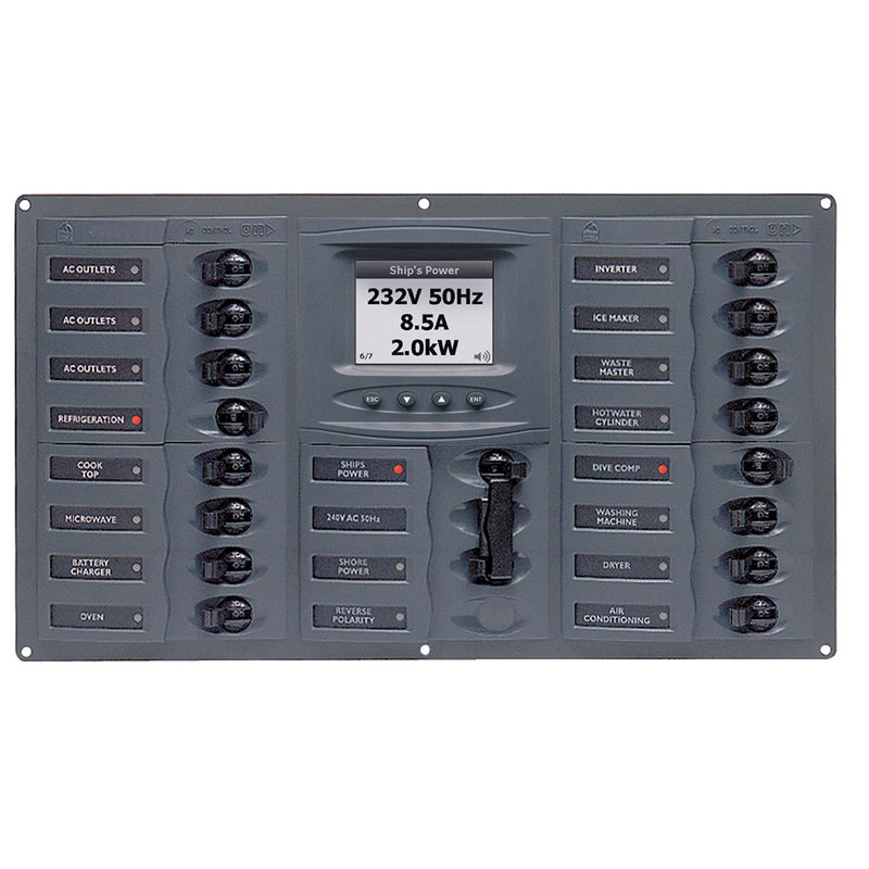 BEP AC Circuit Breaker Panel w/Digital Meters, 16SP 2DP AC120V ACSM Stainless Steel Horizontal [900-AC4-ACSM-110] - Mealey Marine