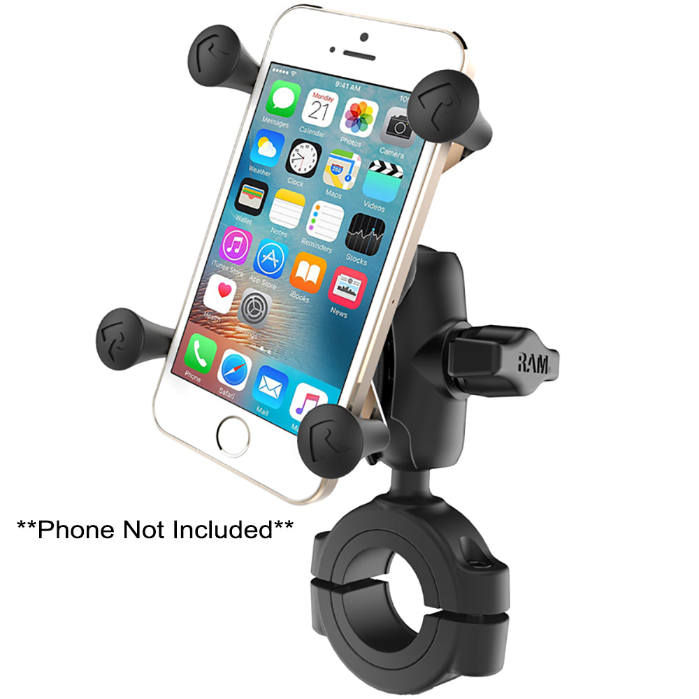 RAM Mount RAM Torque 1 1/8" - 1 1/2" Diameter Handlebar/Rail Base with B Size 1" Ball, Short Arm and X-Grip for Phones [RAM-B-408-112-15-A-UN7U] - Mealey Marine