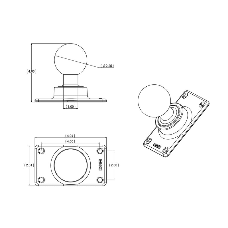 RAM Mount 50mm x 100mm Half VESA Plate Adapter w/D Size 2.25" Ball [RAM-D-243U] - Mealey Marine