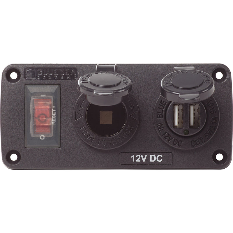 Blue Sea 4363 Water Resistant USB Accessory Panels - 15A Circuit Breaker, 12V Socket, 2.1A Dual USB Charger [4363] - Mealey Marine