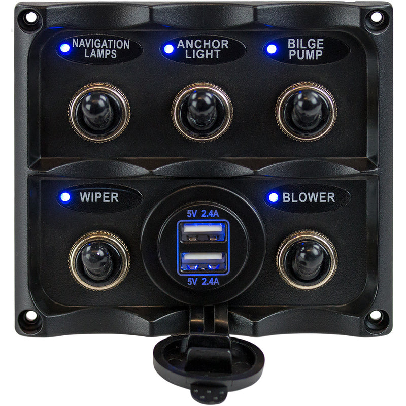 Sea-Dog Water Resistant Toggle Switch Panel w/USB Power Socket - 5 Toggle [424617-1] - Mealey Marine