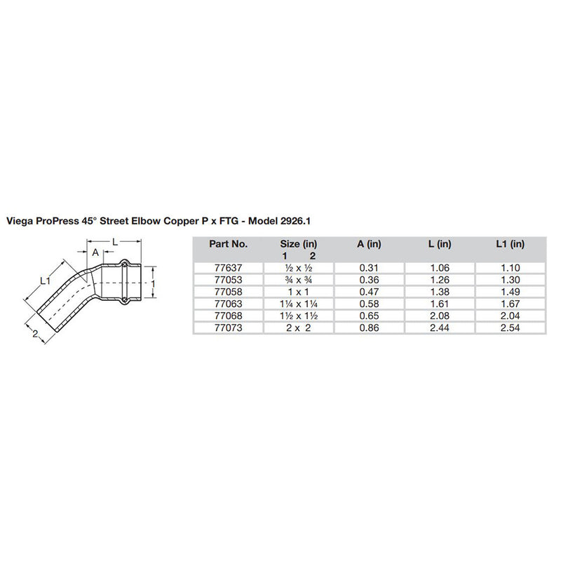 Viega ProPress 1-1/2" - 45 Copper Elbow - Street/Press Connection - Smart Connect Technology [77068] - Mealey Marine