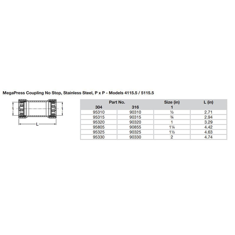 Viega MegaPress 3/4" Stainless Steel 304 Coupling w/o Stop - Double Press Connection - Smart Connect Technology [95315] - Mealey Marine